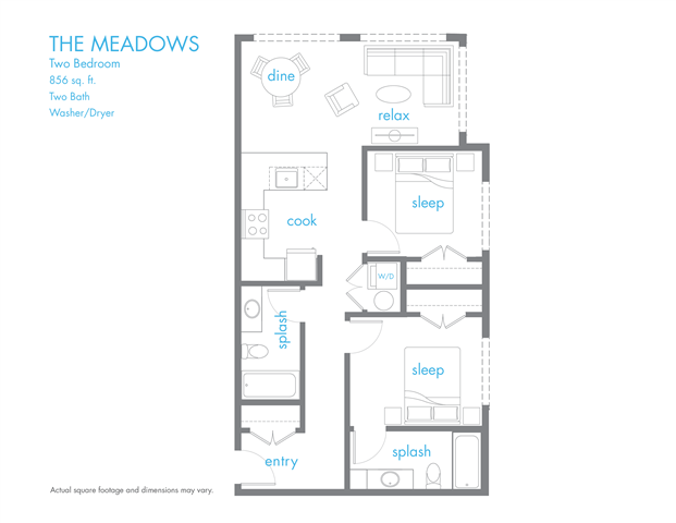 Floor plan for 2 beds, 2 baths, 856 sqft